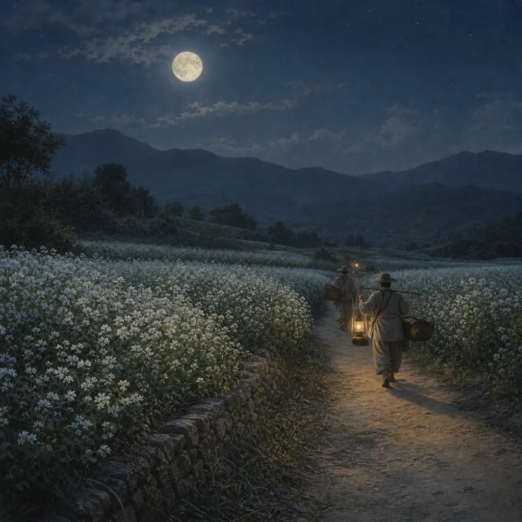 『蕎麦の花咲く頃』作品紹介画像: 月夜の蕎麦畑を歩く旅人たち